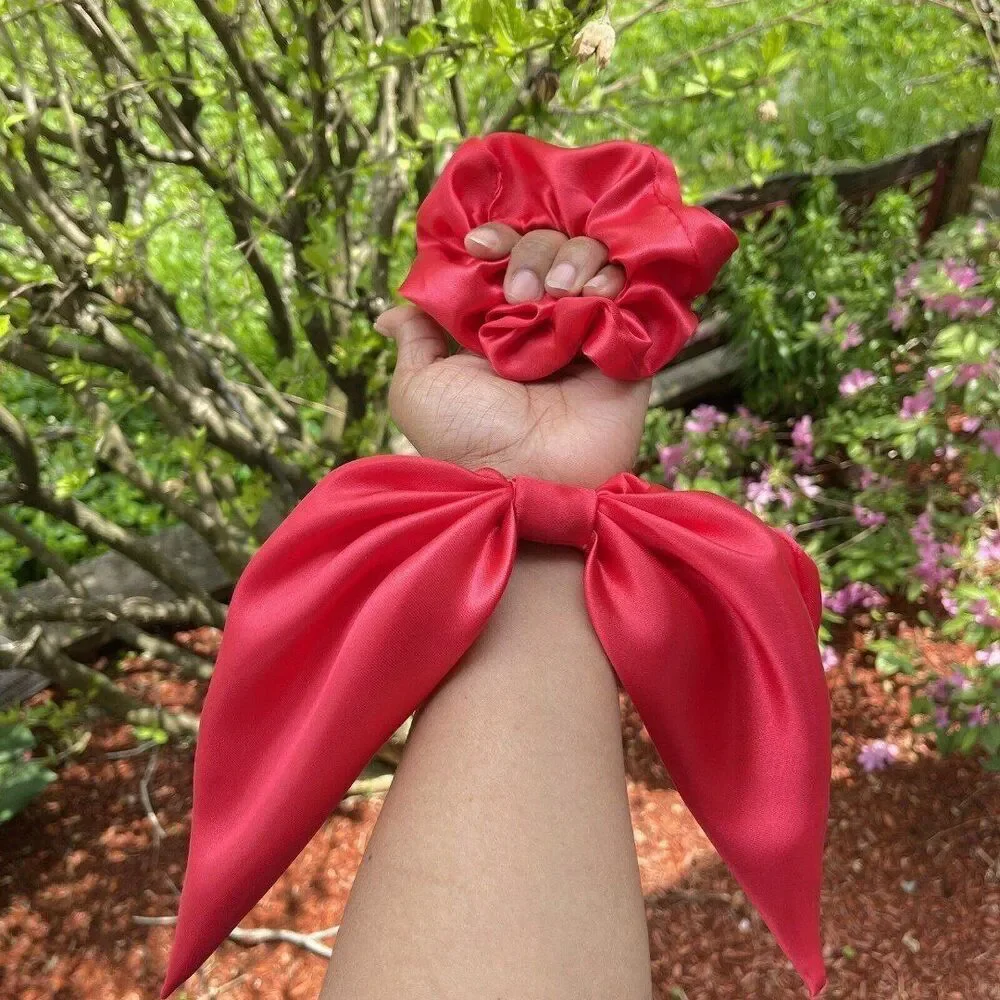 2 New Women Hair Satin Scrunchie Hair Tie Red